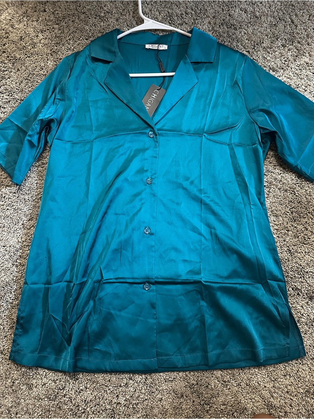 Chigant Teal Satin Button-Front Blouse